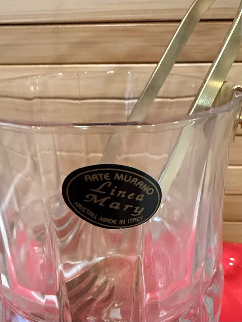 Clear Glass Miniature Ice Bucket with Gold Handle and gold tongs